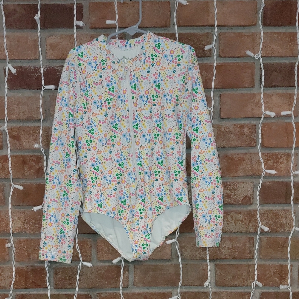 Quince White & Floral Long Sleeved Swim Suit